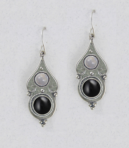 Sterling Silver Black Onyx And Rainbow Moonstone Gemstone Drop Dangle Earrings